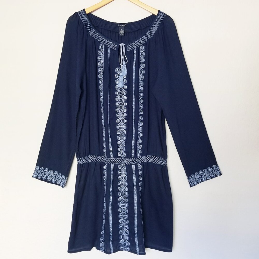 Lucky Brand Embroidered Mini Peasant Dress Long Sleeve Drop Waist Blue XL Cotton - Picture 2 of 14